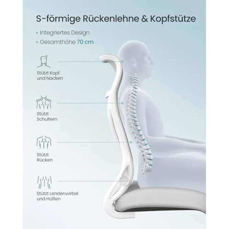 SONGMICS Bürostuhl mit ergonomischer Rückenlehne & hochklappbaren Armlehnen, Taubengrau, 123 x 70 x 70 cm, OBN088GD01 – Bild 6