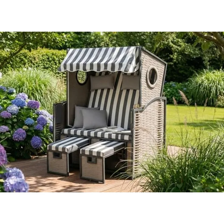 Wohnando Strandkorb Strandkorb "Crew", 115 x 73 x 158 cm (BxTxH), (1-tlg), im Martimen Design mit Bullauge, für 2 Personen