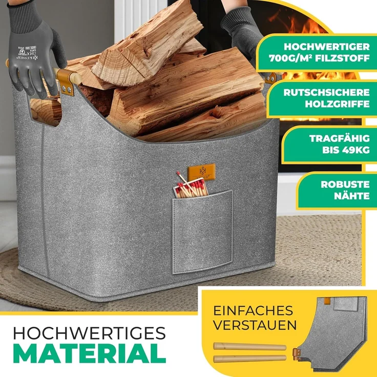 KESSER® Brennholzkorb | Kaminholztasche extra dicker Filz | Feuerholzkorb faltbar mit verstärkten Holzgriffen | Aufbewahrungskorb für Holz, Zeitung oder Brennholz | Inkl. Arbeitshandschuhen Grau, 60 Liter – Bild 2