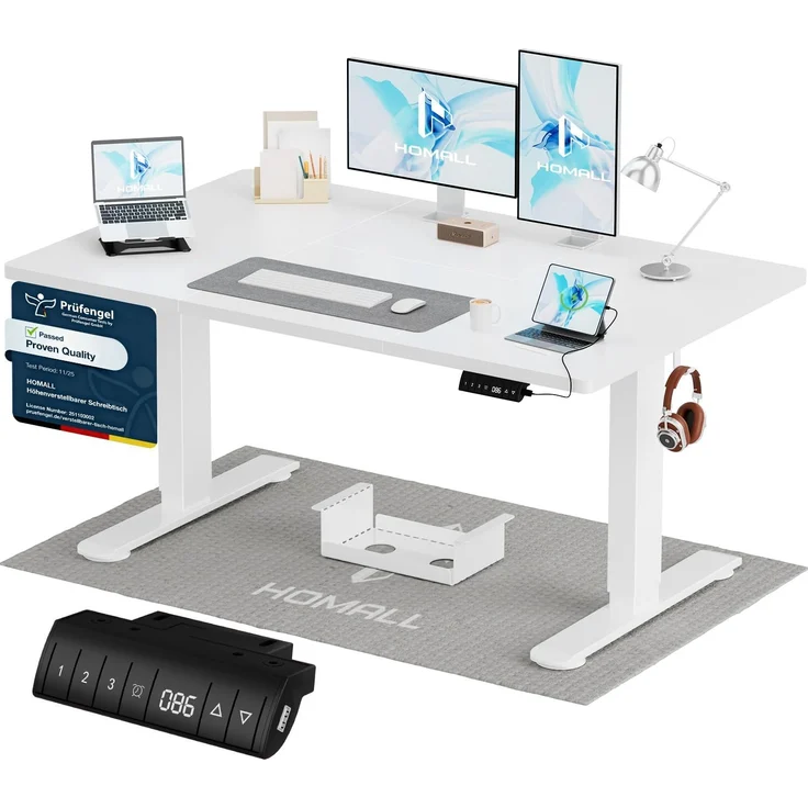 Homall Höhenverstellbarer Schreibtisch 120x70 cm mit USB-A Ladeanschluss, Elektrischer Schreibtisch mit Kabel Management Tray, Standing Desk mit 3 Memory Funktion, Computertisch Weiß