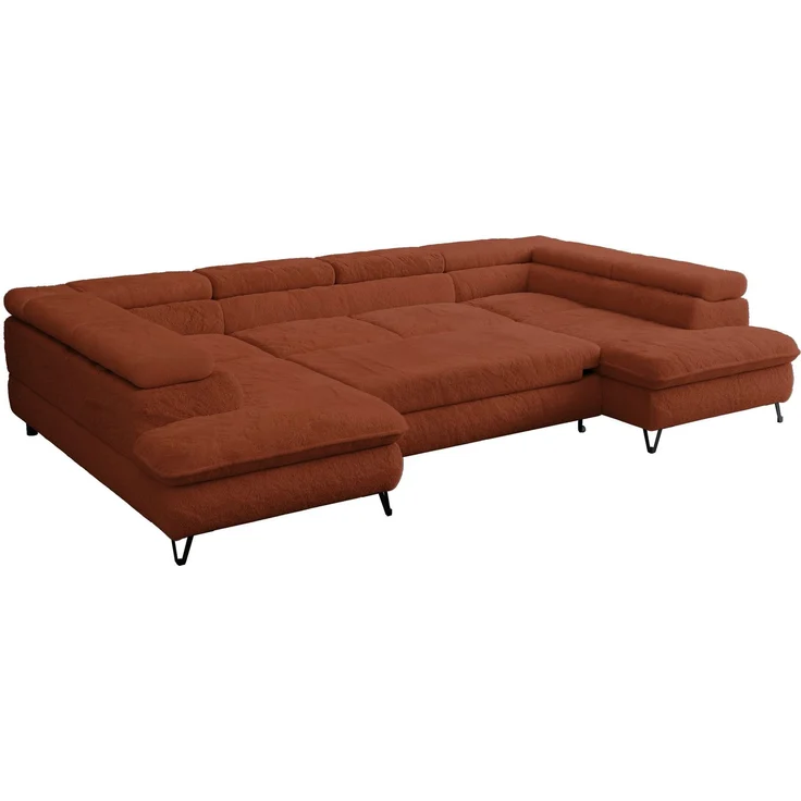 Ecksofa U-Form, mit Bettkasten, Bettfunktion und Einstellbare Kopfstützen, Sofa big XXL - PETER U - Orange Plüsch – Bild 5