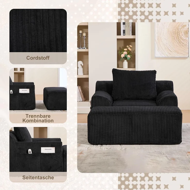 Ball & Cast Reading Chair, Big Sessel mit Rückenlehne und Fußstütze, Lesesessel Bequem XXL aus Kordsamt, Montagefrei, 147 x 110 x 67 cm, Schwarz – Bild 4