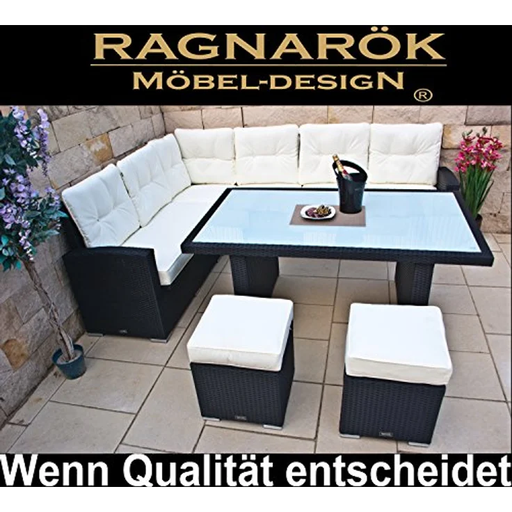 Ragnarök Möbel-Design Garten-Essgruppe Dining Lounge Wieland L, (Ecksofa + Tisch + Hocker, Polyrattan, inkl. aller Polster), Sitzpolster ca. 16 cm dick, 2 Härtegrade – Bild 5