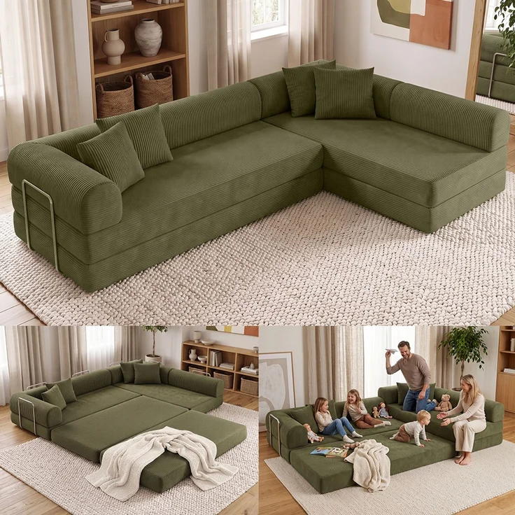 skølm 'Lofn' Modulares Sofa 4 Sitzer, 300x200 cm, Vollschaumcouch mit Metallgestell, Cord olivegrün, Schlafsofa vakuumverpackt, kein Aufbau erforderlich – Bild 1