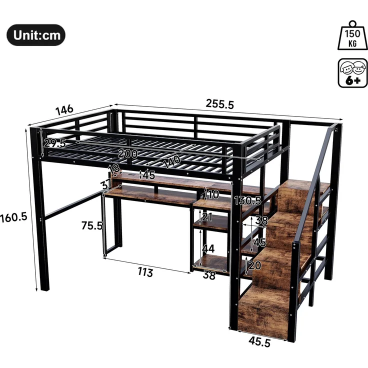 Hochbett, 140 x 200 cm, Metallbettgestell, Leiterschrank, Ablagefach, USB + Typ-C, LED-Lichtleiste, Ohne Matratze, Schwarz – Bild 6