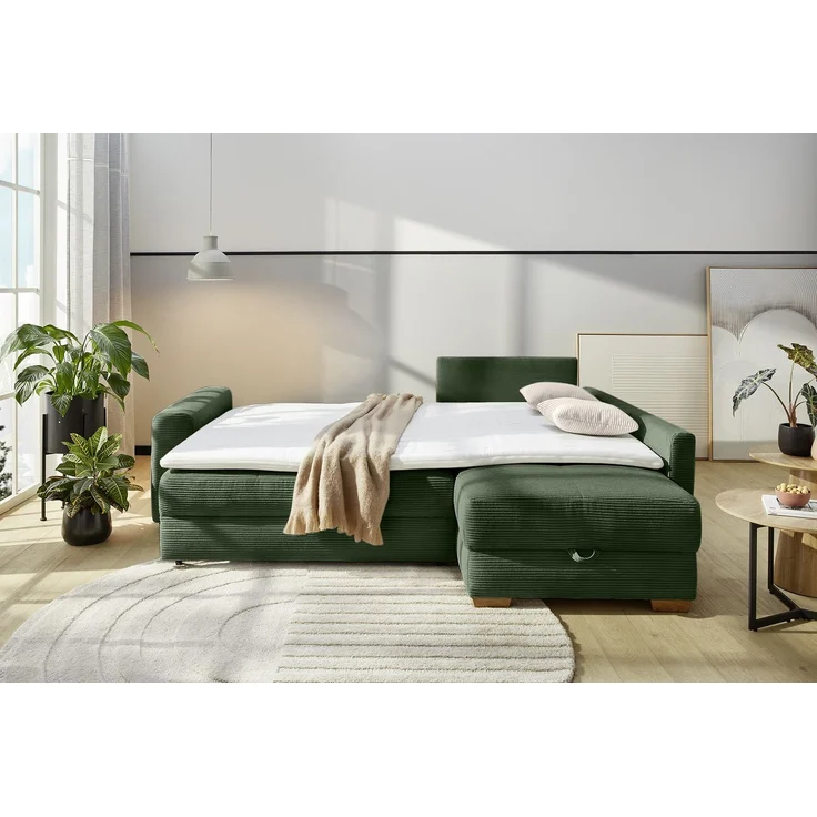 Ecksofa-Dauerschläfer Boxspring Federkern-Couch Topper Bettkasten in Cord Grün – Bild 6