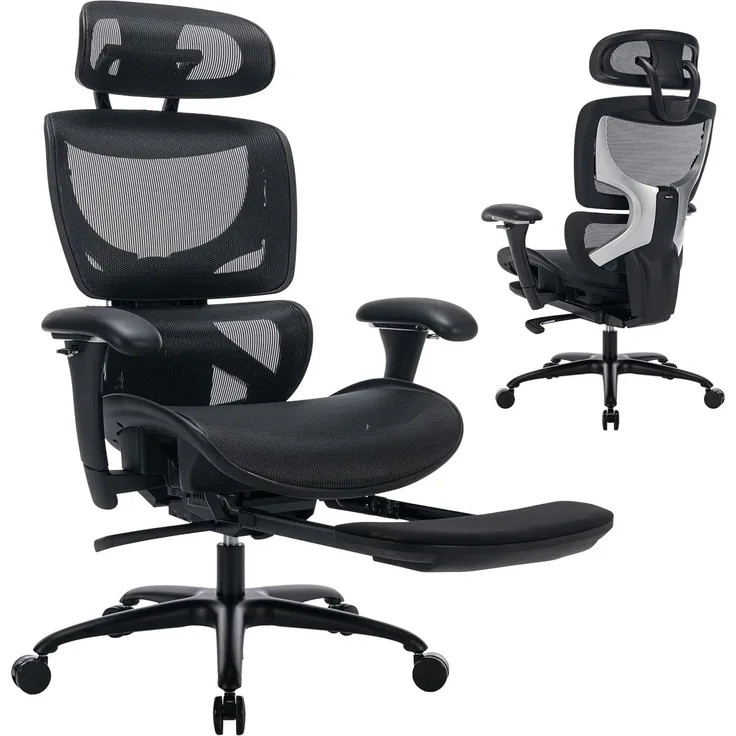COLAMY Ergonomischer Bürostuhl mit Fußstütze, 3D-Armlehnen, Kopfstütze, Lendenwirbelstütze & Atmungsaktives Mesh – Schreibtischstuhl für Büro & Home Office, Schwarz