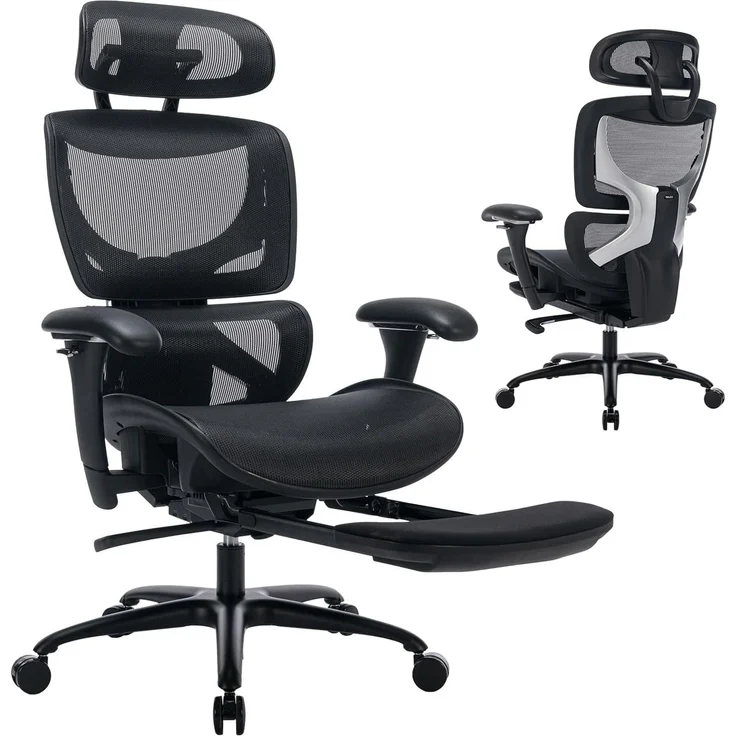 COLAMY Ergonomischer Bürostuhl mit Fußstütze, 3D-Armlehnen, Kopfstütze, Lendenwirbelstütze & Atmungsaktives Mesh – Schreibtischstuhl für Büro & Home Office, Schwarz – Bild 1