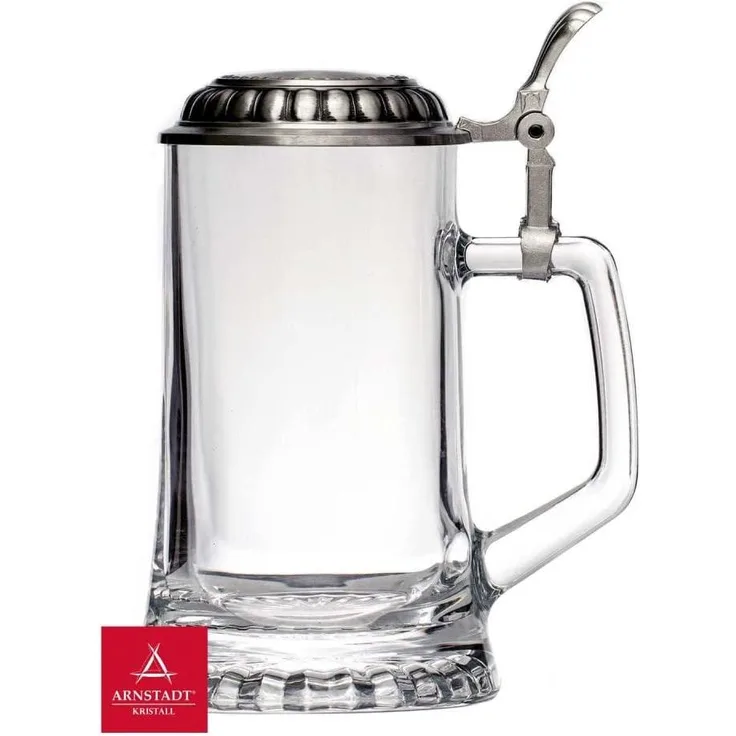 Bierkrug aus Glas mit Zinndeckel eigenem Motiv & Gravur