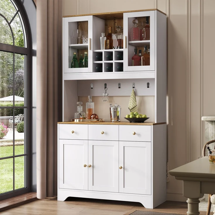Hochschrank aus MDF mit Glastüren & Schubladen, 94,5x30x175,5 cm, Weiß/Holzoptik – Bild 2