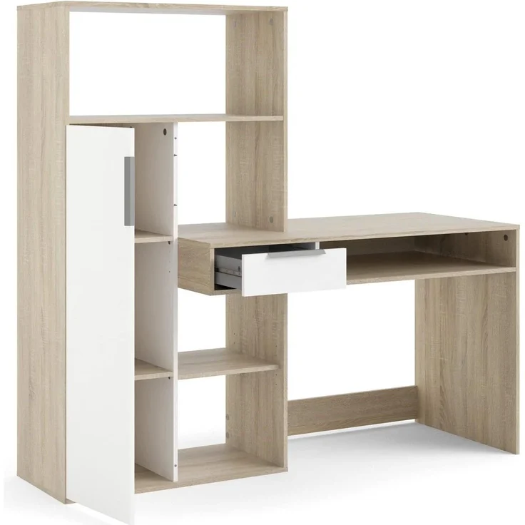 Multifunktionsschreibtisch mit Bücherregal, Schublade und Tür, Farbe Weiß und Eiche, 162 x 155 x 60 cm – Bild 4
