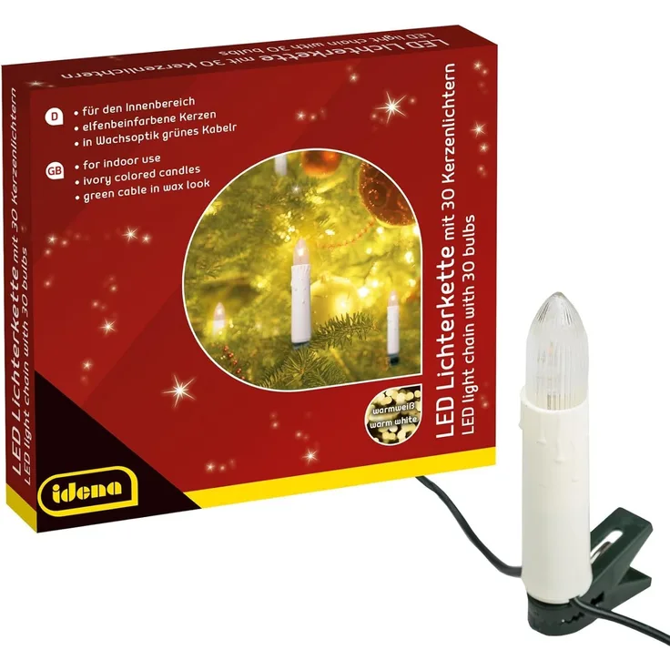 Idena 38192 - LED Kerzen Lichterkette mit 30 LEDs in Warmweiß, elfenbeinfarbene Kerzen mit Befestigungs-Klemmen, ca. 16 m, Deko für Innen, Weihnachtsdeko und Beleuchtung für den Weihnachtsbaum