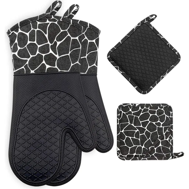 Topfhandschuhe Set Silikon/Baumwolle hitzebeständig 1 Paar+2 Topflappen Schwarz