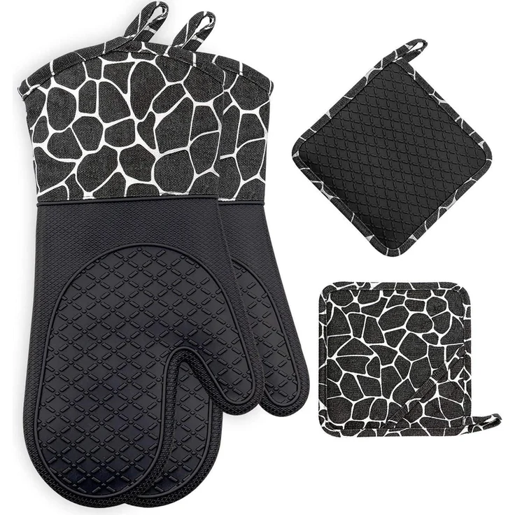 Topfhandschuhe Set Silikon/Baumwolle hitzebeständig 1 Paar+2 Topflappen Schwarz – Bild 1