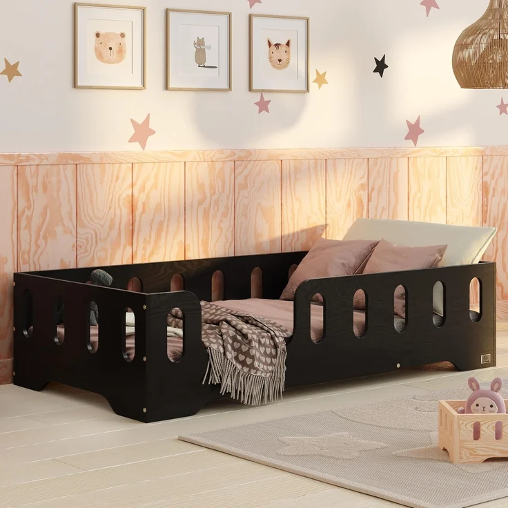 smartwood Kinderbett Bodenbett 120x200 mit Rausfallschutz & Lattenrost - Schwarz - Kinder Montessori Bett TILA 2L mit glatten Kanten - Betten für schnelle Montage - Bis 300 kg belastbar – Bild 1