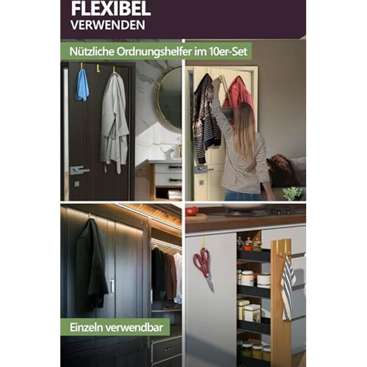 4smile Türhaken zum Einhängen - 10er Set, Fb. Gold - Edelstahl Kleiderhaken Tür für die ganze Wohnung, flexible Haken zum Einhängen, belastbare Türhakenleiste, universelle Türgarderobe – Bild 4