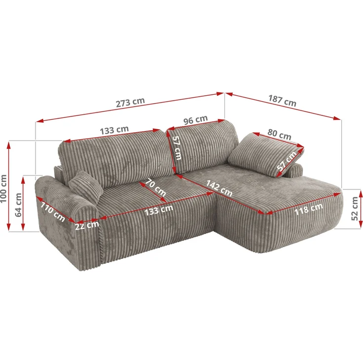 Ecksofa, L-förmiges, lose Kissen, DL-Schlaffunktion, (H 100 x T 187 x B 273 cm) - CUBO L - Cord Grau - linke Seite – Bild 6