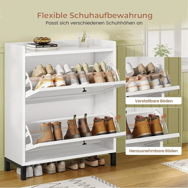 MSMASK Schuhschrank mit 2 Klappen, Verstellbare Böden für Flur, Eingangsbereich, Weiß (1-St) 30T x 80B x 90H cm, Weiß, Verstellbare Trennwände – Bild 4