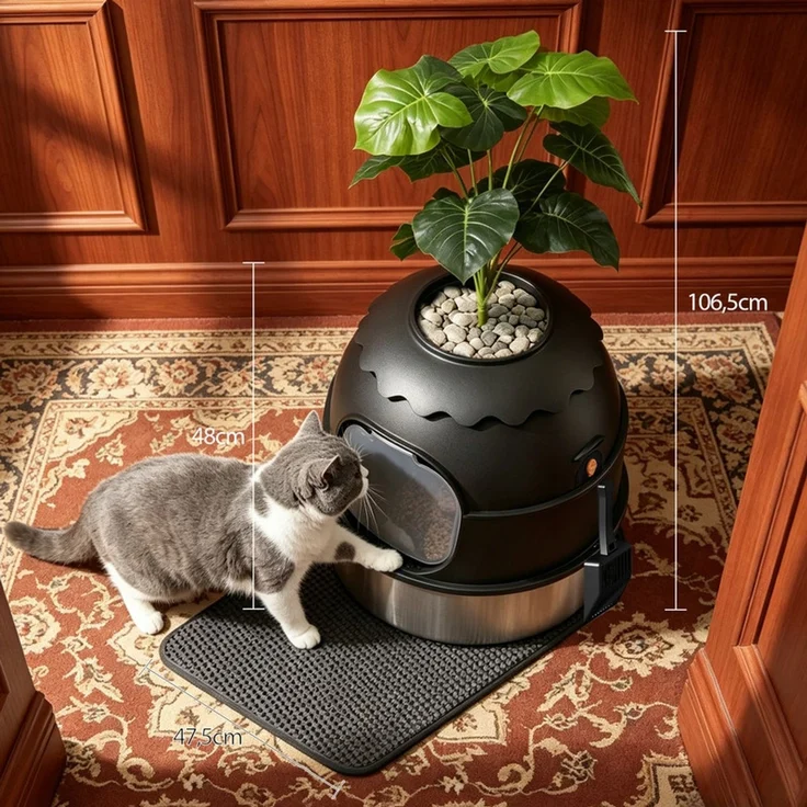 Halupeit Versteckte Katzentoilette, Innenbecken aus Edelstahl, Deckel aus Kunstpflanze, für verschiedene Einsatzbereiche geeignet, schwarz, 47.5 x 47.5 x 106.5cm – Bild 3