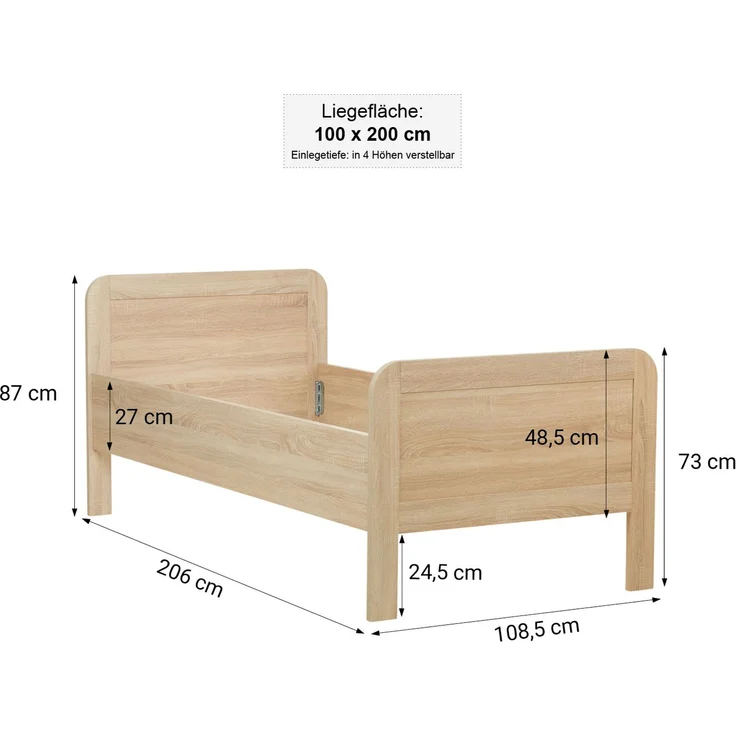 Komfortbett 100x200 Seniorenbett Höhenverstellbar Holzbett Eiche Einzelbett Hohes Bett Bettgestell – Bild 3