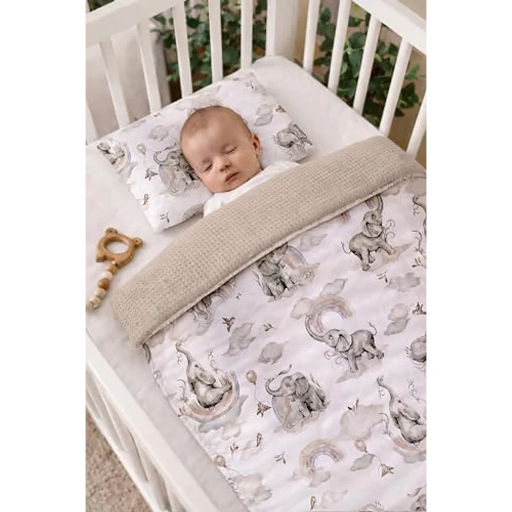 Babynest Nestchen Baby Set für Neugeborene – 5-teilig – Kuschelnest aus 100% Baumwolle & Waffelpique – Babykokon tragbar – für Babybett, Kinderbett & Kinderwagen – OEKO-TEX - Elefanten und Sand – Bild 3