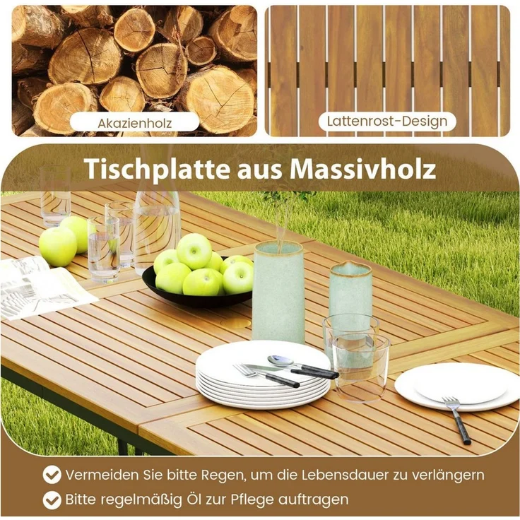 COSTWAY Gartentisch mit 5cm Schirmloch, rechteckig 200cm, Akazie, Esstisch für 8 Personen – Bild 4
