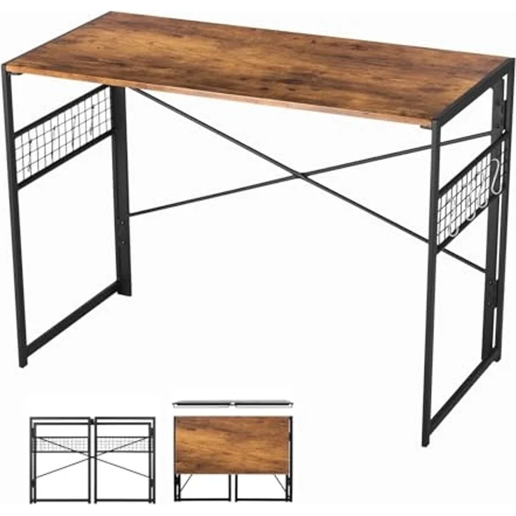 FurnitureR Klapptisch 100x50 cm - Wohnzimmer-Tisch faltbar auf 5,5cm, Retro Braun mit Metall & Haken, 50kg – Bild 3