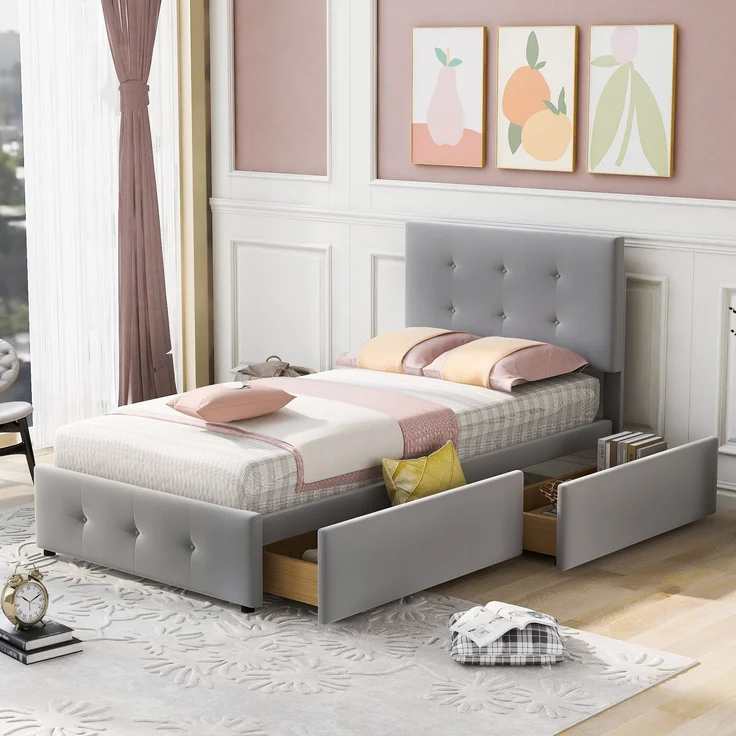 Polsterbett mit Stauraumschublade, Samtstoff, modernes Kinder- & Gästebett, robustes Lattenrost,Grau – Bild 4