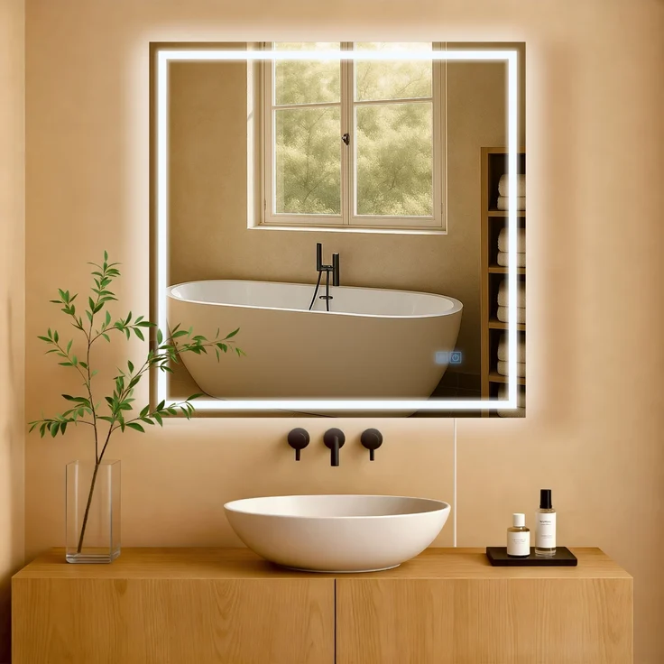 CLP Badspiegel Jaffrey Anti-Beschlag Quer- und Hochformat LED dimmbar 3 Licht-Modi,80x80 cm – Bild 1