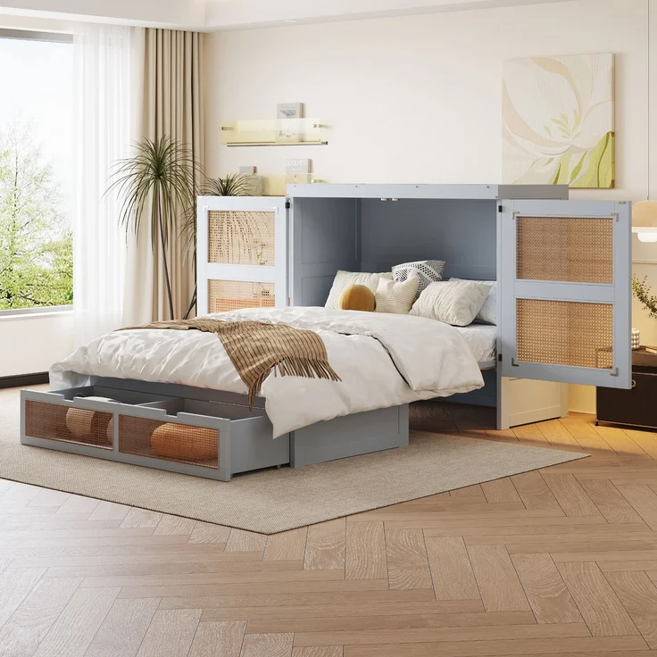 Schrankbett 140 x 200 cm, Wandbett mit Lattenrost, Wandklappbett, Vertikales schrankbett mit Lattenrost, mit Stauraumschubladen, Rattan-Design, Holzbetten, Jugendbetten, Einzelbetten, Grau – Bild 1