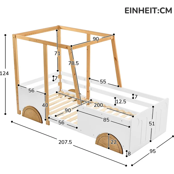 Kinderbett Auto-Design aus Holz mit Seitenschutz, stabilem Rahmen, dekorativem Kopfteil, spielerischem Look – Bild 6