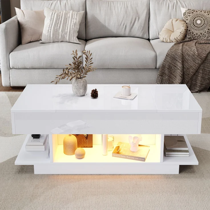 Couchtisch Weiß Hochglanz mit LED, Lift-Top Funktion, seitlichen Ablagen & 4 offenen Fächern, Wohnzimmertisch – Bild 2
