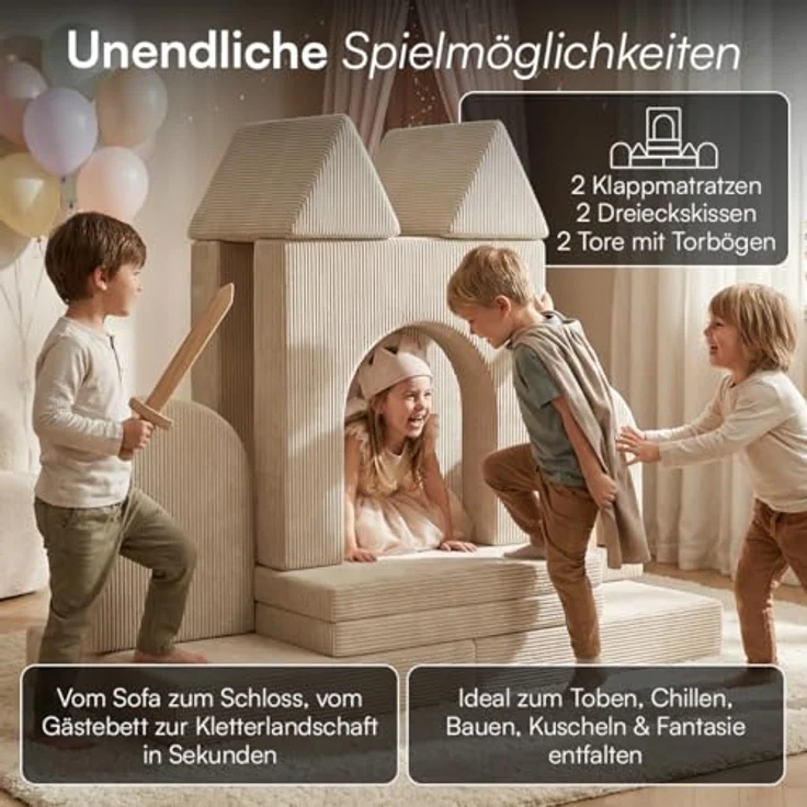 Bellabino 'Nile' Spielsofa mit Toren, 8-tlg, Cord, beige, faltbare Kindercouch, abnehmbarer & waschbarer Bezug, Kindersofa aus Schaumstoff – Bild 3