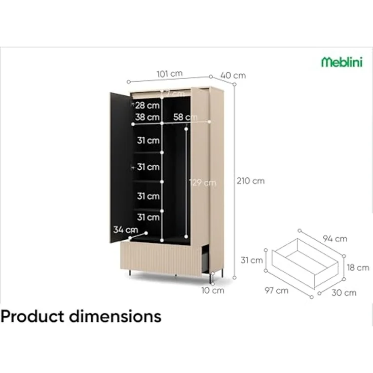 MEBLINI Garderobe Flur Möbel Set mit LED – TREND – Beige/Schwarz – Garderobenschrank Flur mit Kommode - Garderobe Schrank - Flurgarderobe - Flurschrank hoch – Bild 6