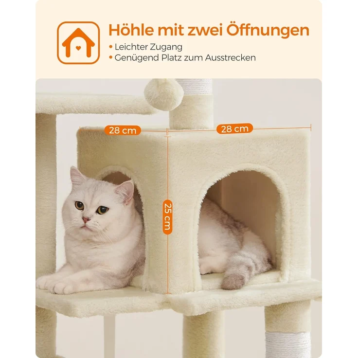 Feandrea Kratzbaum, 112 cm hoch, Katzenbaum, mehrstöckiges Katzenhaus, mit 4 Kratzsäulen, 2 Plattformen, Hängematte, Höhle, beige PCT261M01 – Bild 7