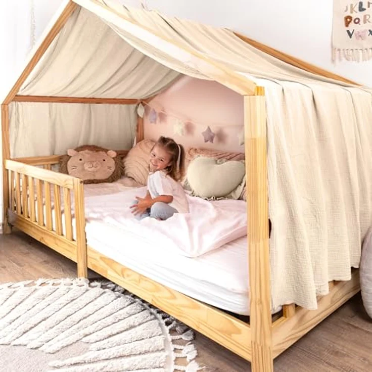 lilimaus Betthimmel Musselin Hausbett Himmel Kinderzimmer Baumwolle mit Gold, Gemütlicher Baldachin aus Baumwolle für traumhafte Kinderzimmer-Deko – Bild 2