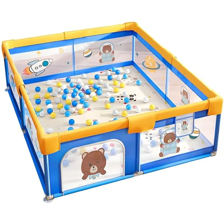 Ecosa Laufgitter, Teddybären-Raumschiff-Design, Blau, Kunststoff, Rechteckig, 180x68x200 cm, CE, mit Einstiegstür und Hängetasche für Spielzeug – Bild 1
