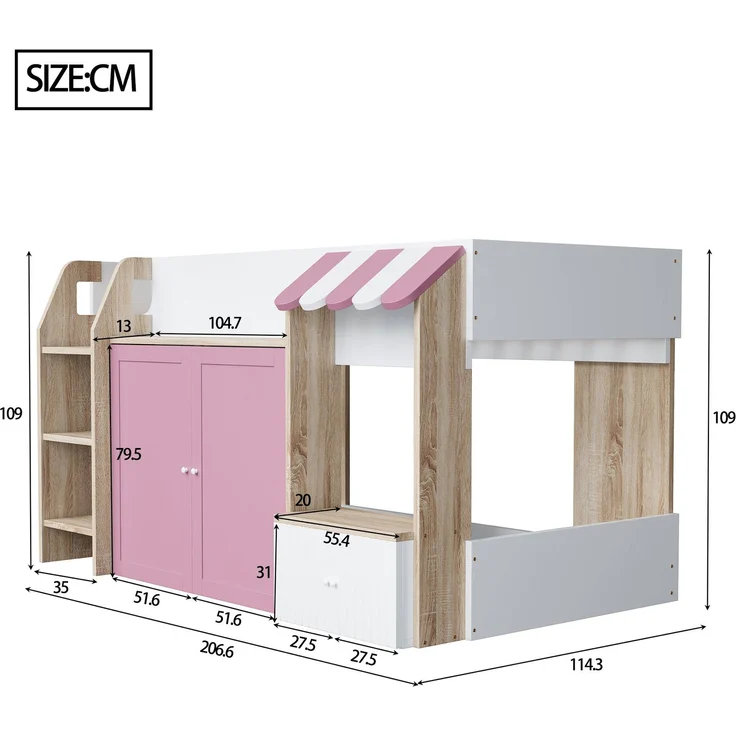 Kinder Hochbett 90x200 niedrig mit Haus-Design - Spielbett mit zweiter Liegefläche, Stauraum, breiter Leiter, weiß & Rosa – Bild 10