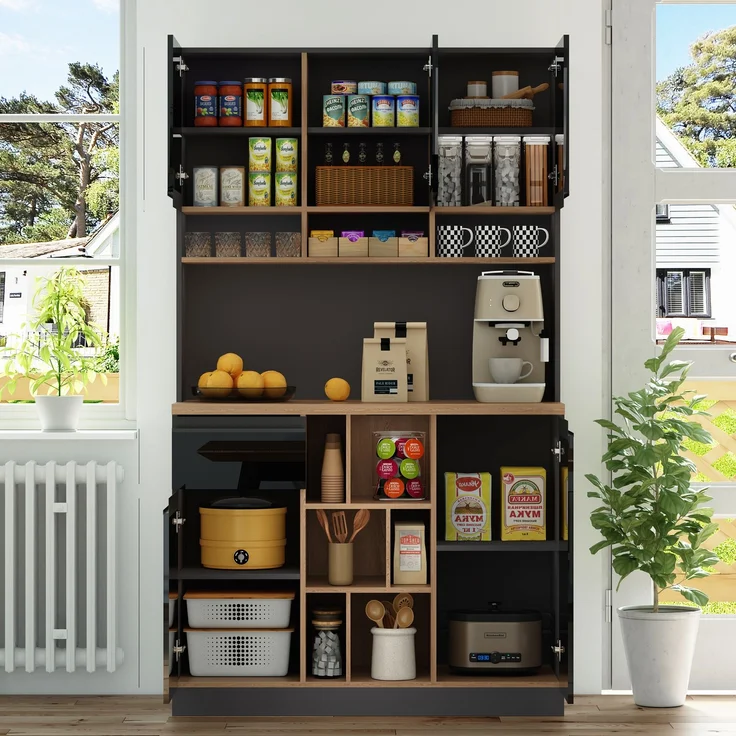 105×45×185cm,moderner Küchenschrank,Buffet,Sideboard,Grau und Schwarz,Metallgriffe,verstellbare Regale,Schubladen,offener Stauraum,Kippschutzzubehör,geeignet für Küche,Wohnzimmer und Schlafzimmer – Bild 4