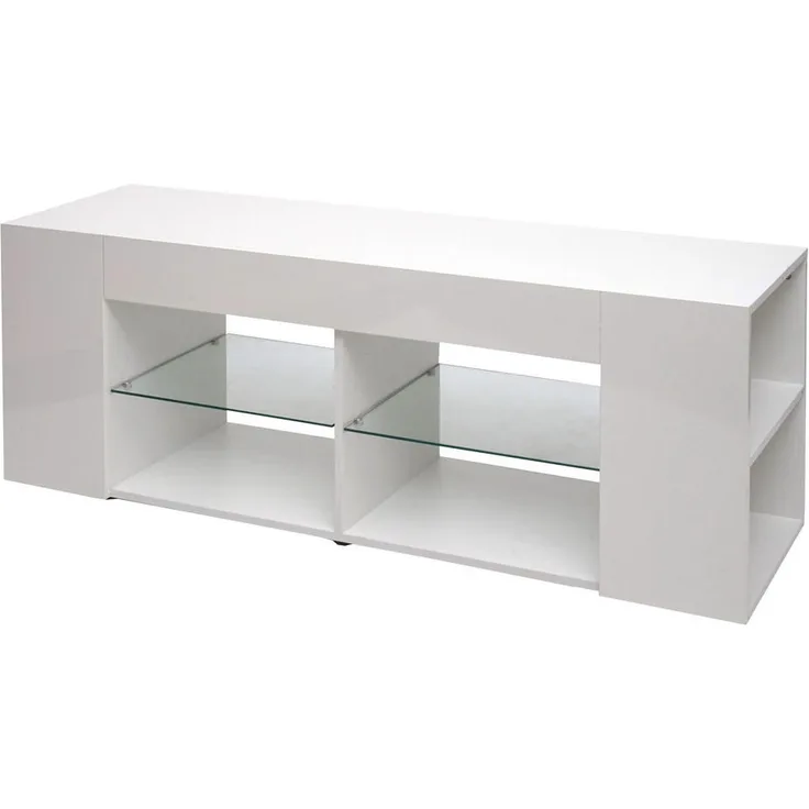 MCW TV-Rack, Hochglanz Weiß, Holz, 144x50x40 cm, mit 4 offenen Ablagefächern und 2 seitlichen Ablagefächern