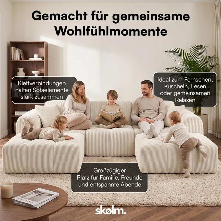 skølm 'Vanaheim' Sofa 3 Sitzer mit 2 Hocker & 2 Kissen, Cloud Sofa beige, Cord, Vollschaumcouch mit Federkern und Vakuum-Kompression, kein Aufbau erforderlich – Bild 4