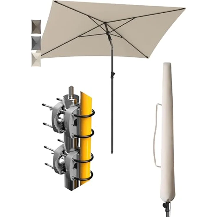 Menz Sonnenschirm Balkon - 4-IN-1 Sonnenschutz Balkon SET in Beige, UPF 50+ Sonnenschirm rechteckig 200x125 cm + 2 Stück Sonnenschirmhalter Balkongeländer + Sonnenschirmhülle, extrem stabil – Bild 2