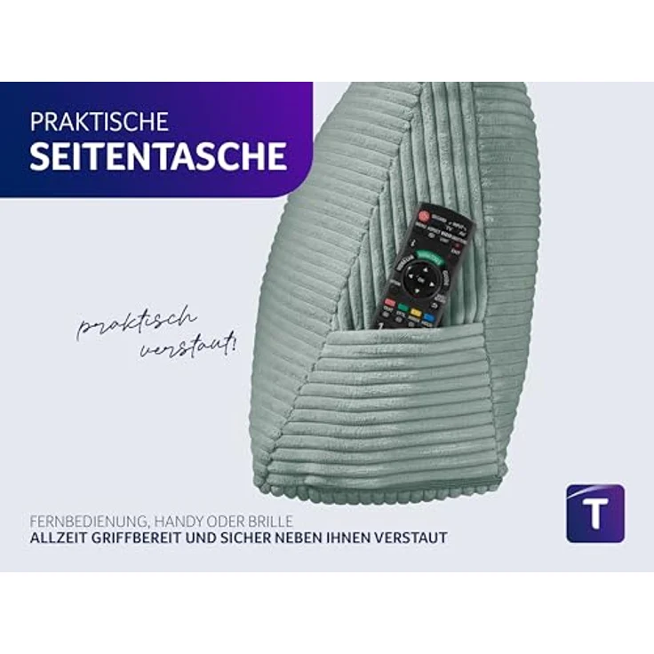 Traumnacht Cozy Rückenkissen, Lesekissen, 70x40 cm, türkis, Abnehmbarer,waschbarer Bezug aus gemütlichem Kord, praktisches Seitenfach, Öko-Tex Zertifiziert, produziert nach deutschem Qualitätsstandard – Bild 7