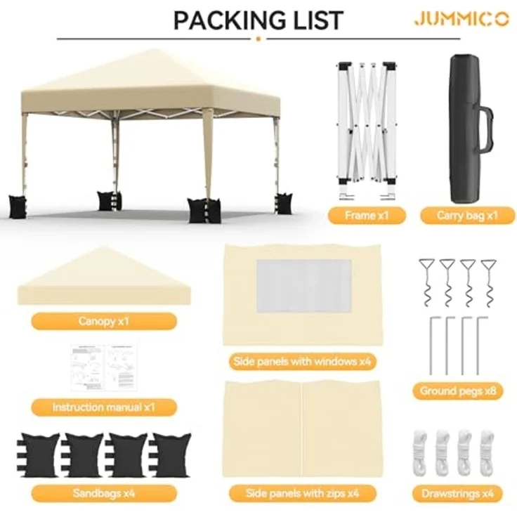 JUMMICO 3x3 m Faltpavillon mit Insektenschutz & Belüftung｜Rollos + Lüftungsfenster｜1-Minuten Schnellaufbau｜10cm höhere Dachfläche,Beige – Bild 4
