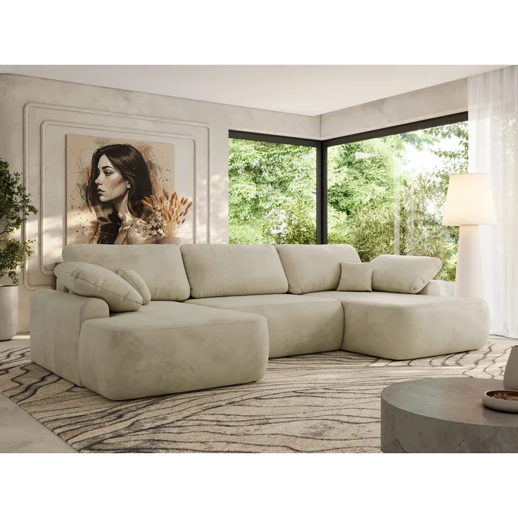 U-förmige Ecke, Ecksofa mit schlaffunktion und bettkasten, lose kissen, Wellenfeder, Big sofa XXL - CUBO U - Beige Velours