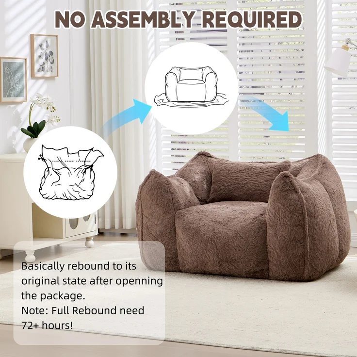 Riesiger Sitzsack mit Kissen, bequeme große Sitzsäcke für Erwachsene und Kinder, Kunstfell-Bodensofa für Wohnzimmer, Schlafzimmer und Wohnung, Khaki--khaki--123x97x73cm--YOUDENOVA – Bild 6
