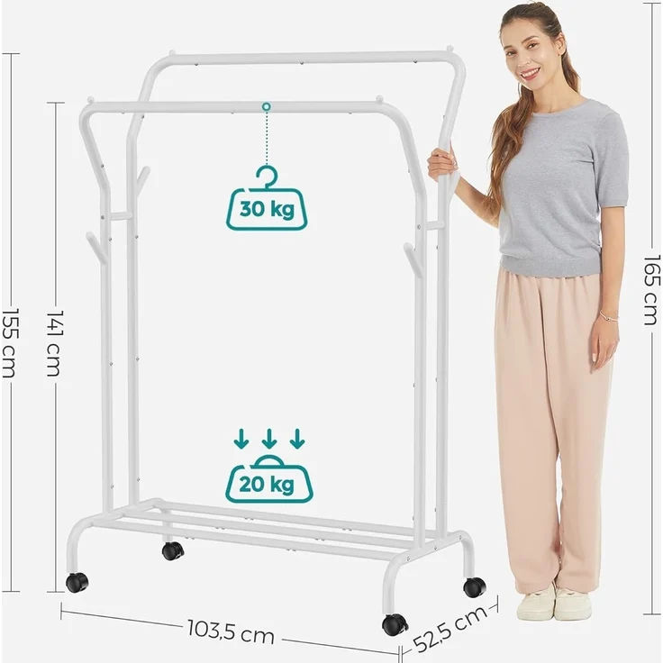 SONGMICS Kleiderständer auf Rollen, 2 Kleiderstangen, Garderobenstange, Garderobenständer aus Stahlrohren, bis 100 kg belastbar, 103,5 cm breit, multifunktionale Aufbewahrung, weiß HSR107W01 – Bild 6