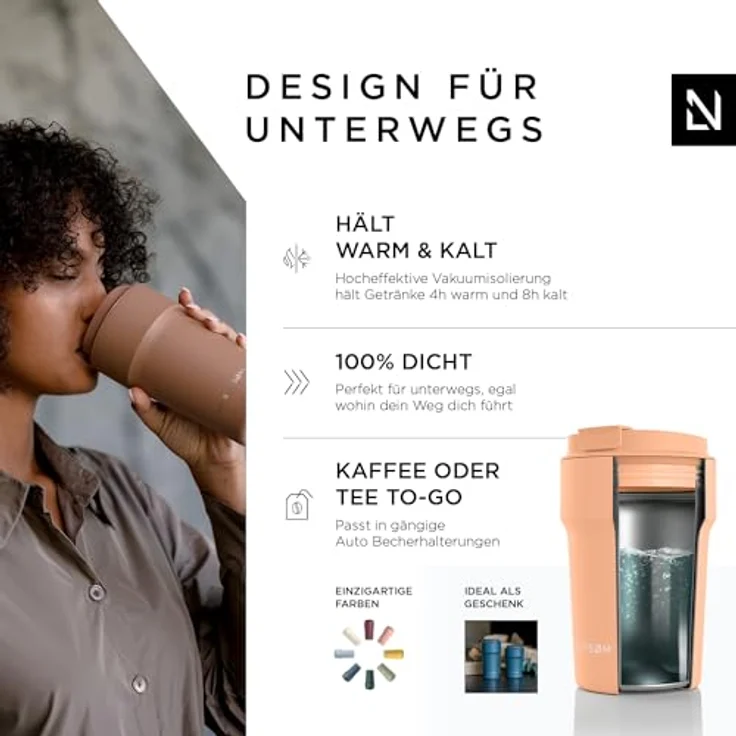 LARS NYSØM Thermo Kaffeebecher to go 380ml | Travel Mug 0,38 Liter mit Isolierung | Auslaufsicherer Edelstahl Thermobecher für Kaffee und Tee unterwegs | Teebecher (Creamy Peach, 380ml) – Bild 2