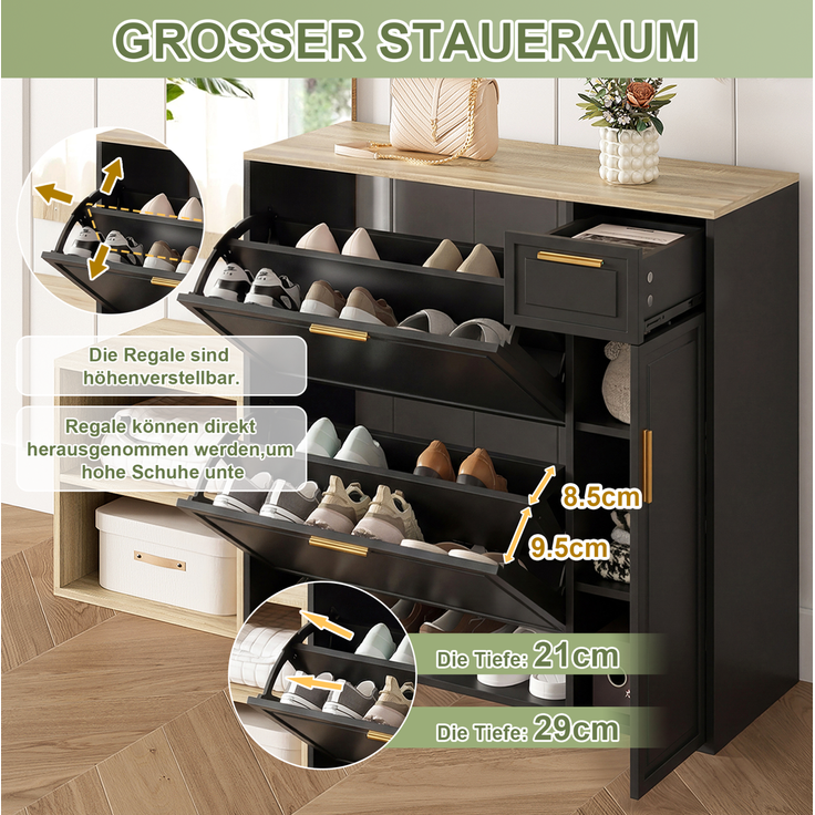 CHICFURN Schrank 4-tlg. 139,5x166x35 cm mit Schuhschrank und Sitzbank – Garderoben-Set in Natur/Schwarz – Bild 4