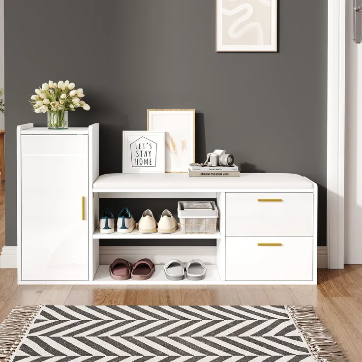 Schuhschrank mit Sitzbank Weiß, 128x30x68 cm, Hochglanz, mit 2 Schubladen & 1 Schrank